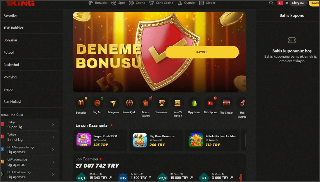 1King Bet ana sayfa görünümü: spor menüsü, deneme bonusu ve son kazananlar – platform içi görünüm 1King Bet ana sayfa görünümü: spor menüsü, deneme bonusu ve son kazananlar – platform içi görünüm